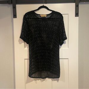 Double D Ranchwear- SZ S Black and Gold Beaded Crochet Blue Knit Top